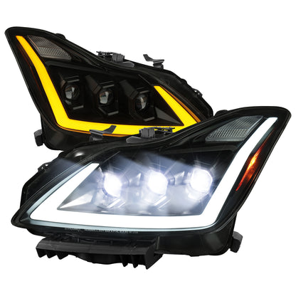 Spec-D 2008-2013 Infiniti G37/2014-2015 Q60 2DR/Convertible Sequential Switchback LED Turn Signal Full LED Triple Projector Black w/ Smoked Lens Headlights