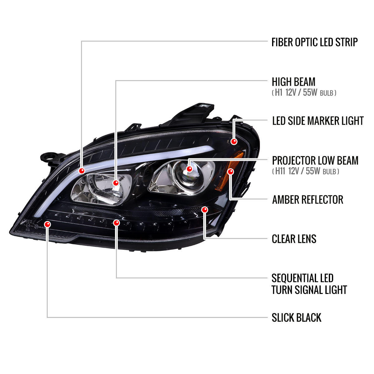 Spec-D 2009-2011 Mercedes Benz W164 ML-Class LED Sequetial Turn Signal Projector GL Black Headlights