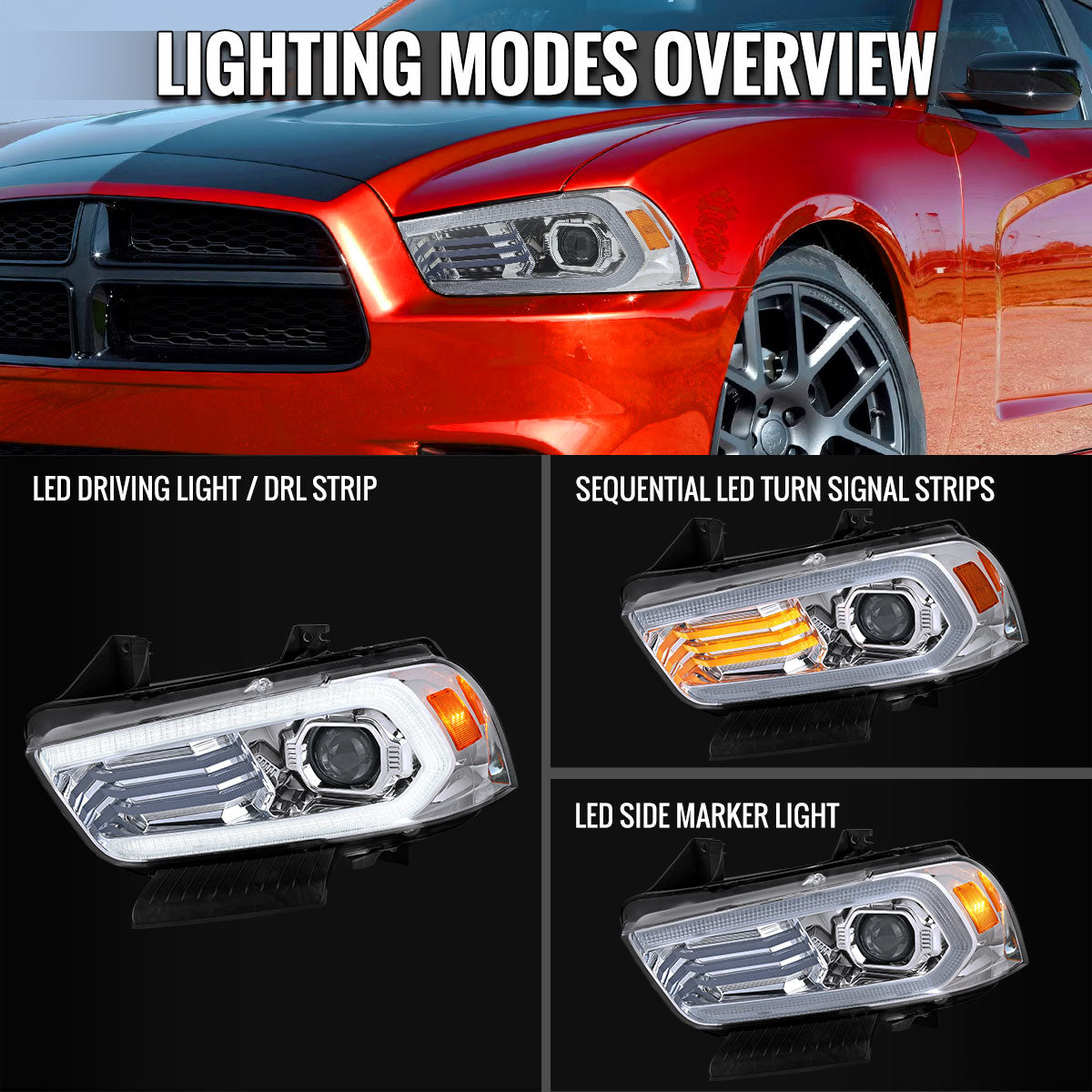 11-14 Dodge Charger HID projector headlights chrome housing clear lens Spec-D