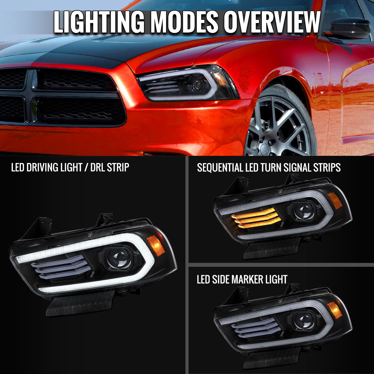 2011-2014 Dodge Charger HID black projector headlights with LED DRL strip