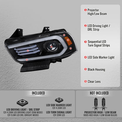 Replacement black projector headlights for 2011-2014 Dodge Charger sequential LED