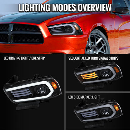 2012-2013 Dodge Charger black projector headlights with LED DRL strip