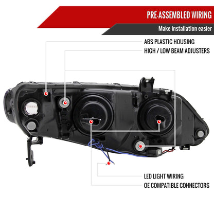 Spec-D 2006-2011 Honda Civic 4DR Projector w/ R8 Style LED Light Strip Black Headlights