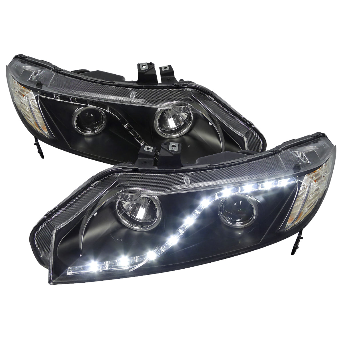 Spec-D 2006-2011 Honda Civic 4DR Projector w/ R8 Style LED Light Strip Black Headlights