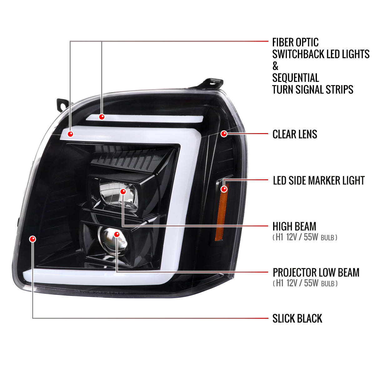 Spec-D 2007-2014 GMC Yukon/XL 1500/XL 2500 Switchback Sequential LED Turn Signal Projector J Black Headlights