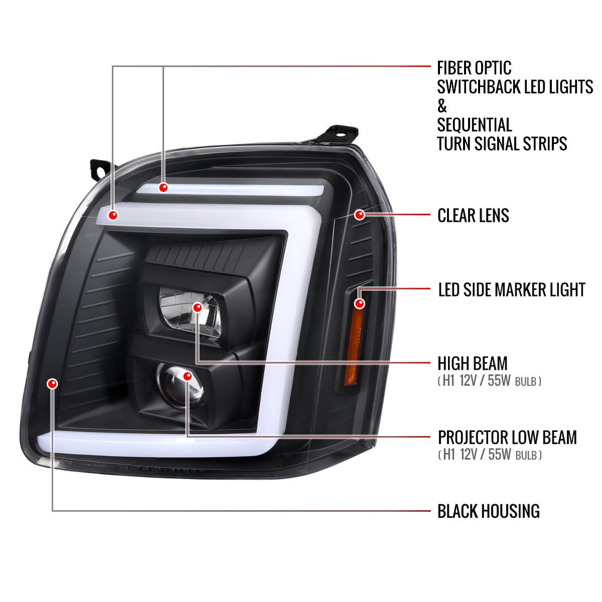 Spec-D 2007-2014 GMC Yukon/XL 1500/XL 2500 Switchback Sequential LED Turn Signal Projector Black Headlights