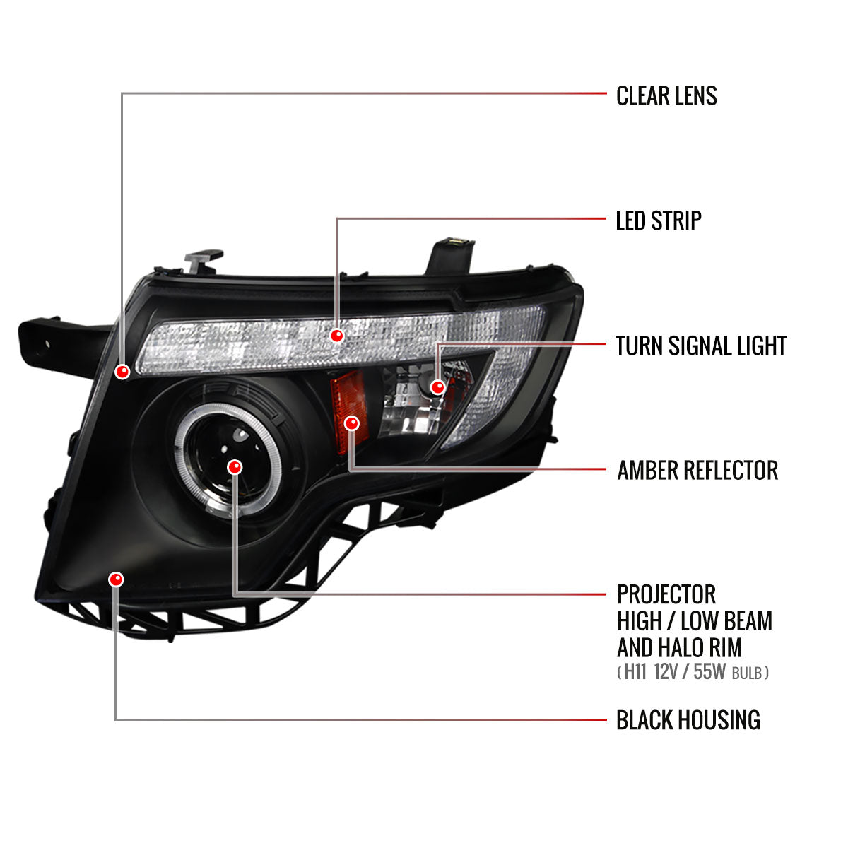 Spec-D 2007-2010 Ford Edge Halo Projector LED Strip Black Headlights