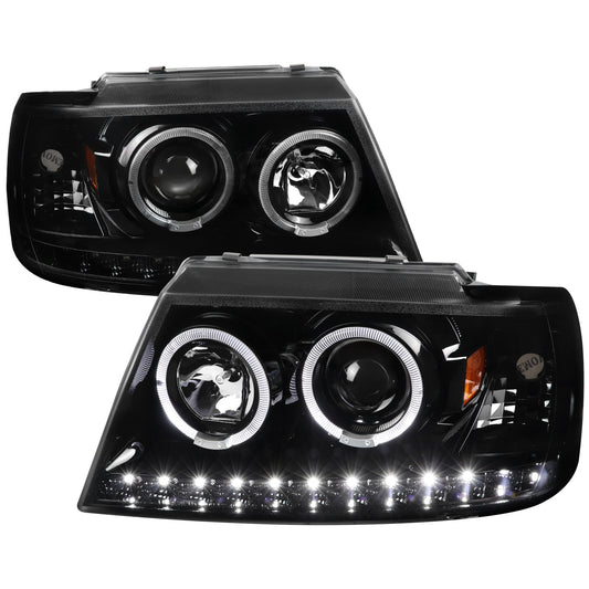 Spec-D 2002-2005 Ford Explorer Dual Halo Projector LED Strip J Black Headlights