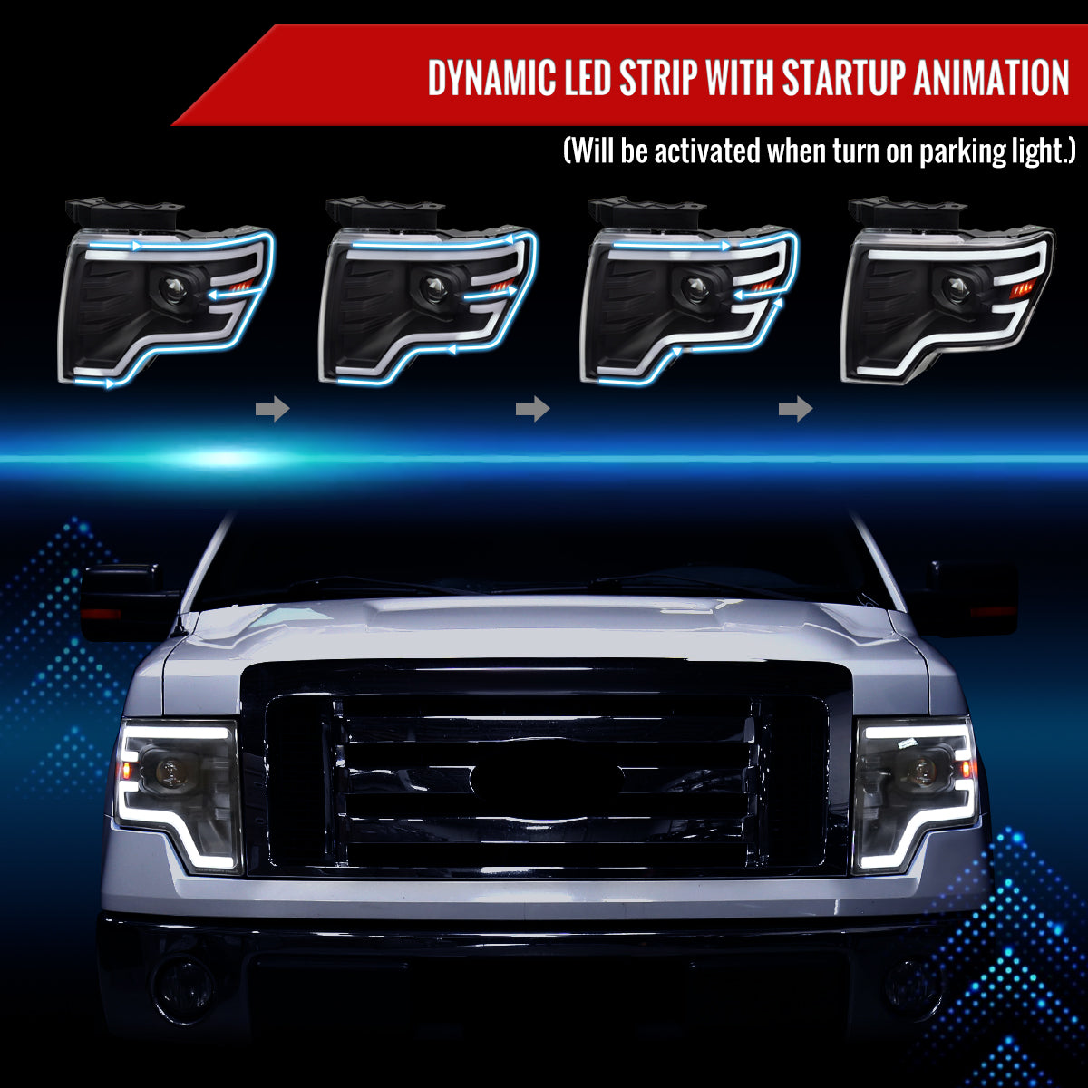 Spec-D 2009-2014 Ford F-150 Switchback Sequential LED Turn Signal Projector Black Headlights