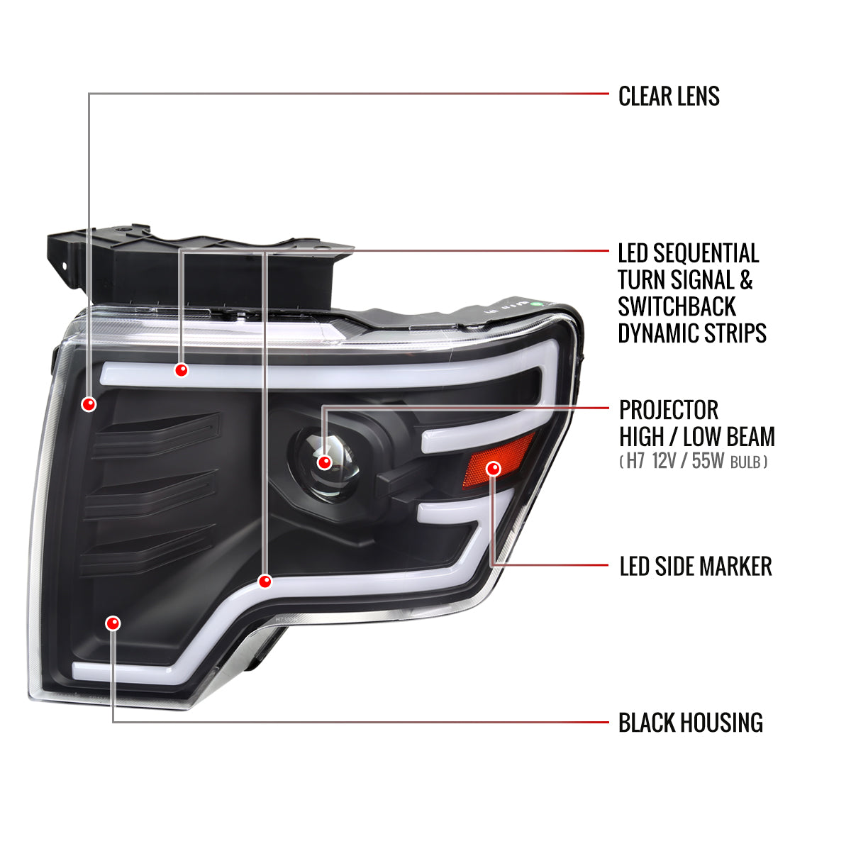 Spec-D 2009-2014 Ford F-150 Switchback Sequential LED Turn Signal Projector Black Headlights