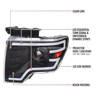 Spec-D 2009-2014 Ford F-150 Switchback Sequential LED Turn Signal Projector Black Headlights