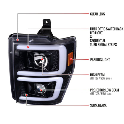 Spec-D 2008-2010 Ford F-250/F-350/F-450/F-550 LED Sequential Turn Signal Bar Projector J Black Headlights