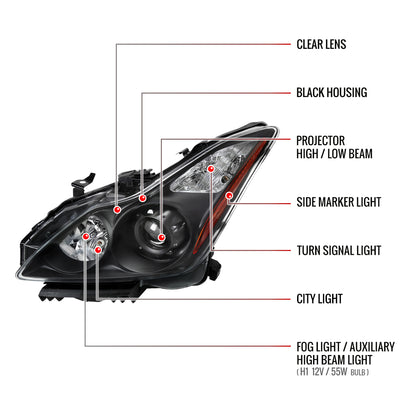 Spec-D 2008-2013 Infiniti G37/2014-2015 Q60 2 Door 2DR/Convertible OE Style Projector Black Headlights