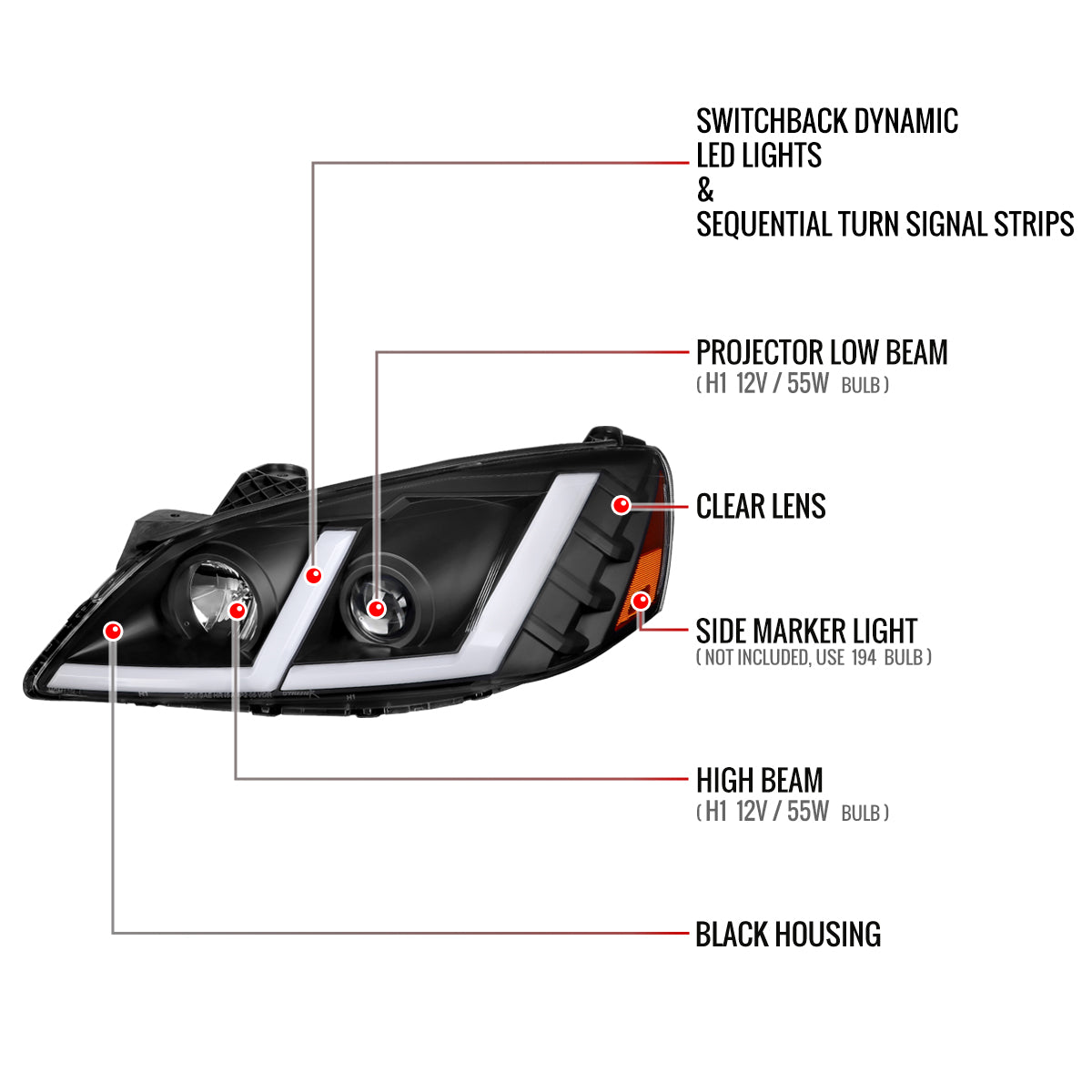 Spec-D 2005-2010 Pontiac G6 Projector OE Style with LED Bar Turn Signal Black Headlights