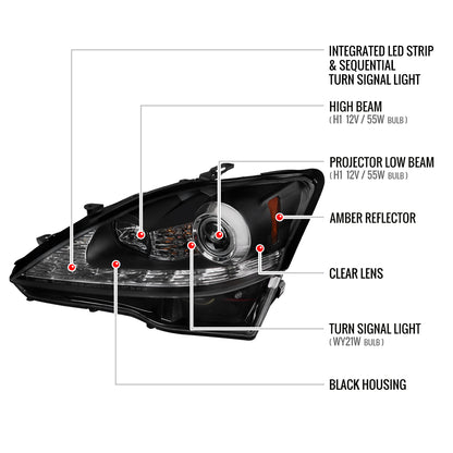 Spec-D 2006-2010 Lexus IS250/IS350 LED Projector w/ Sequential Turn Signals Black Headlights
