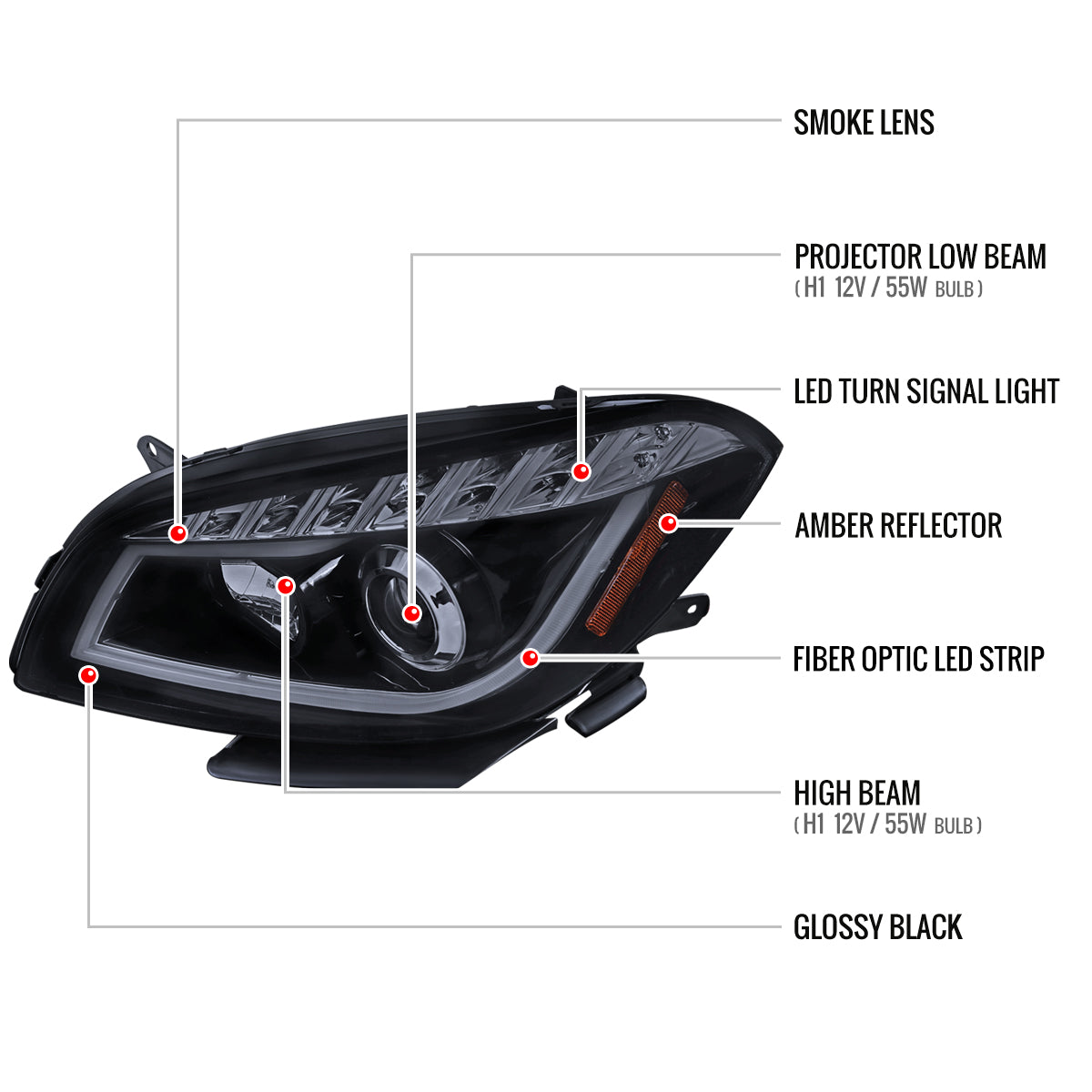 Spec-D 2008-2012 Chevrolet Malibu LS LT LTZ Hybrid LED Bar Projector GL Black w/Smoked Lens Headlights