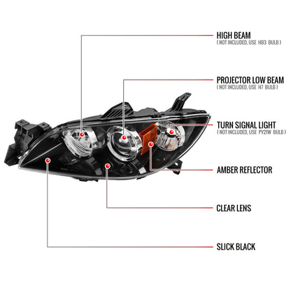 Spec-D 2004-2009 Mazda 3 4DR Projector Black Headlights MZ3044JM