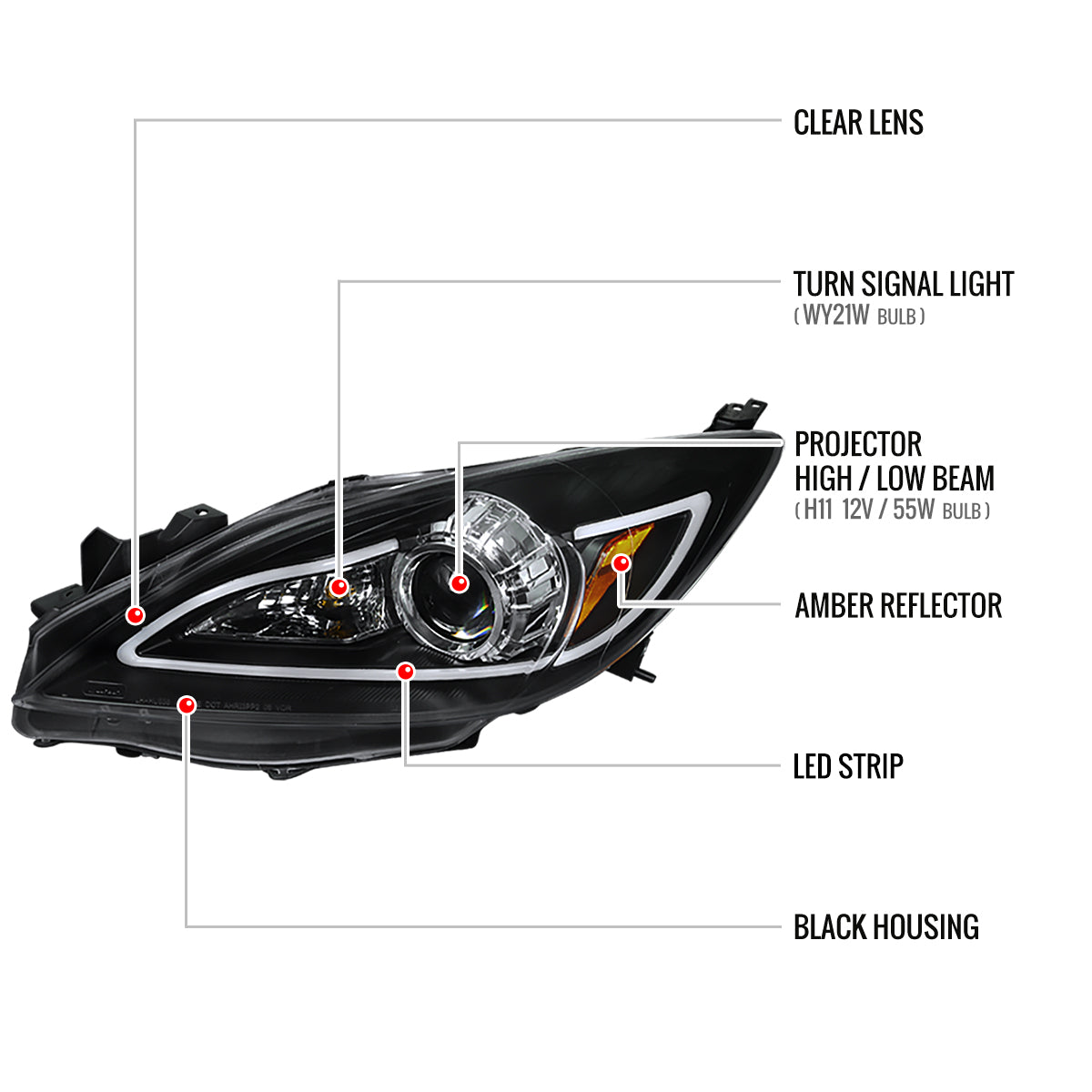 Spec-D 2010-2013 Mazda 3 Projector LED Strip Black Headlights MZ310JM