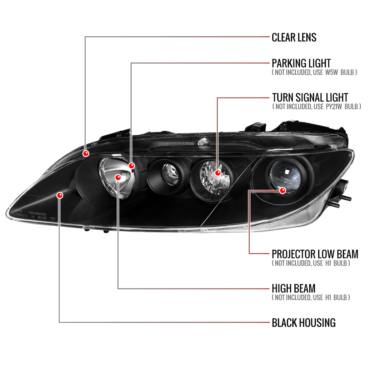 Spec-D 2003-2005 Mazda 6 OE Style Projector Black Headlights