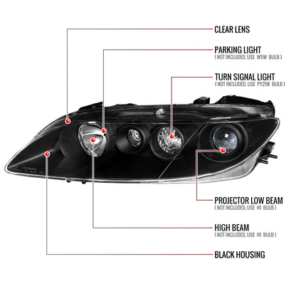 Spec-D 2003-2005 Mazda 6 OE Style Projector Black Headlights