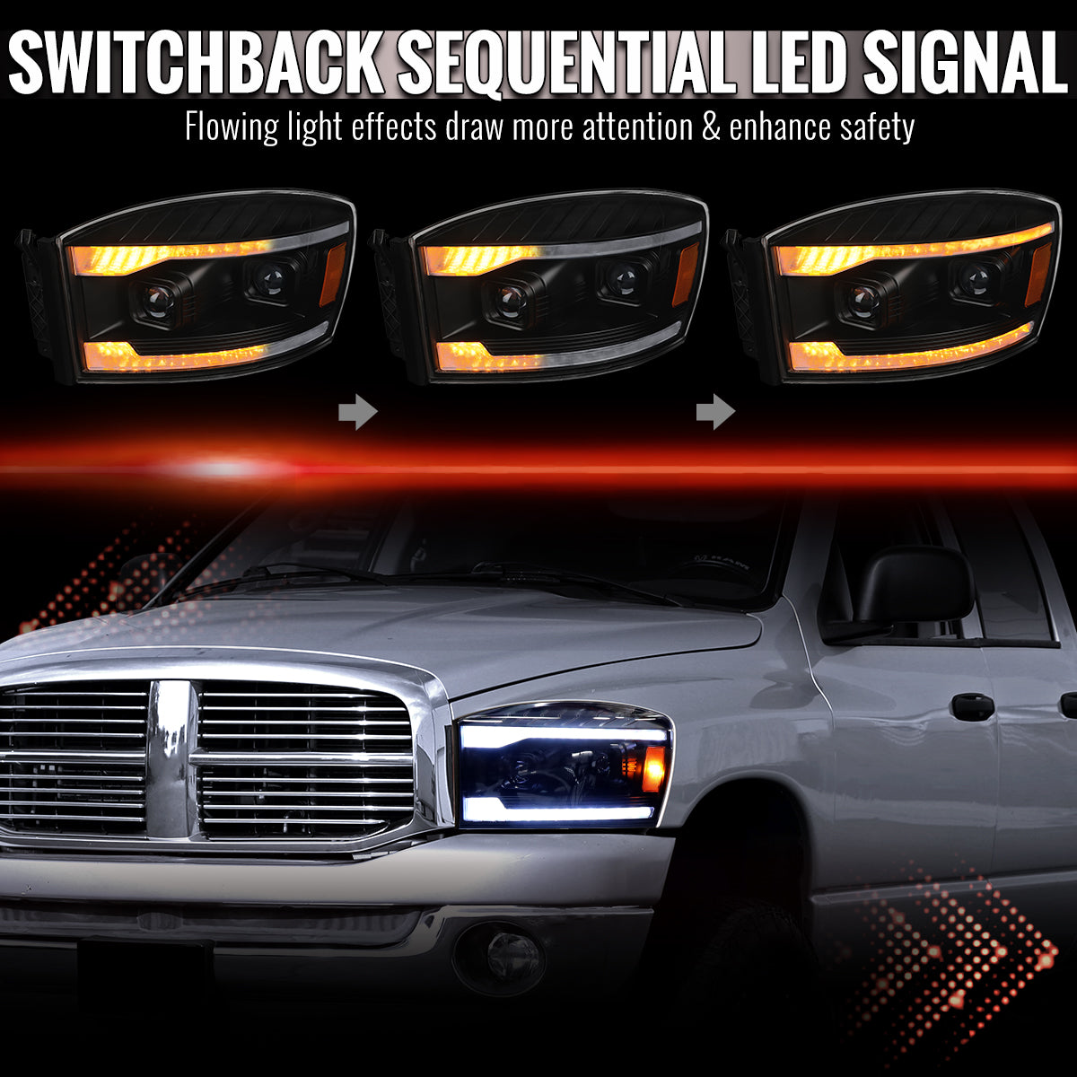 Spec-D 2006-2008 Ram 1500 Projector Headlights Sequential LED DRL Bar