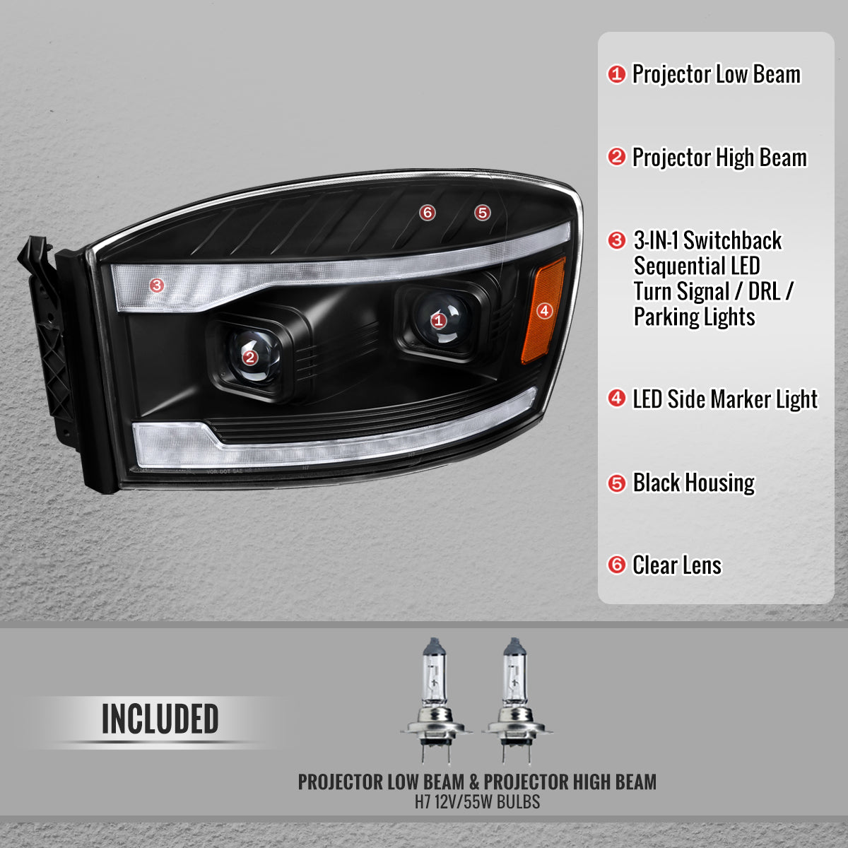 Spec-D 06-09 Ram Projector Headlights With Sequential LED Turn And DRL