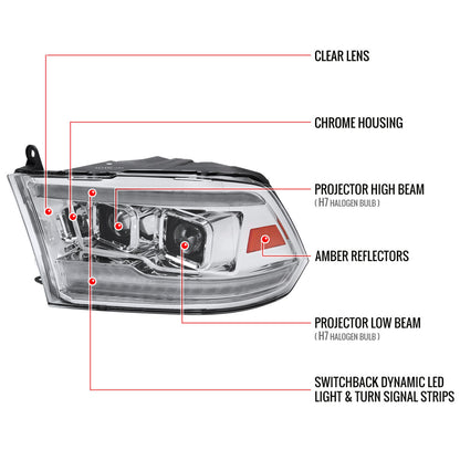 Dodge Ram 1500 3500 Pro Headlights SEQ LED Chrome