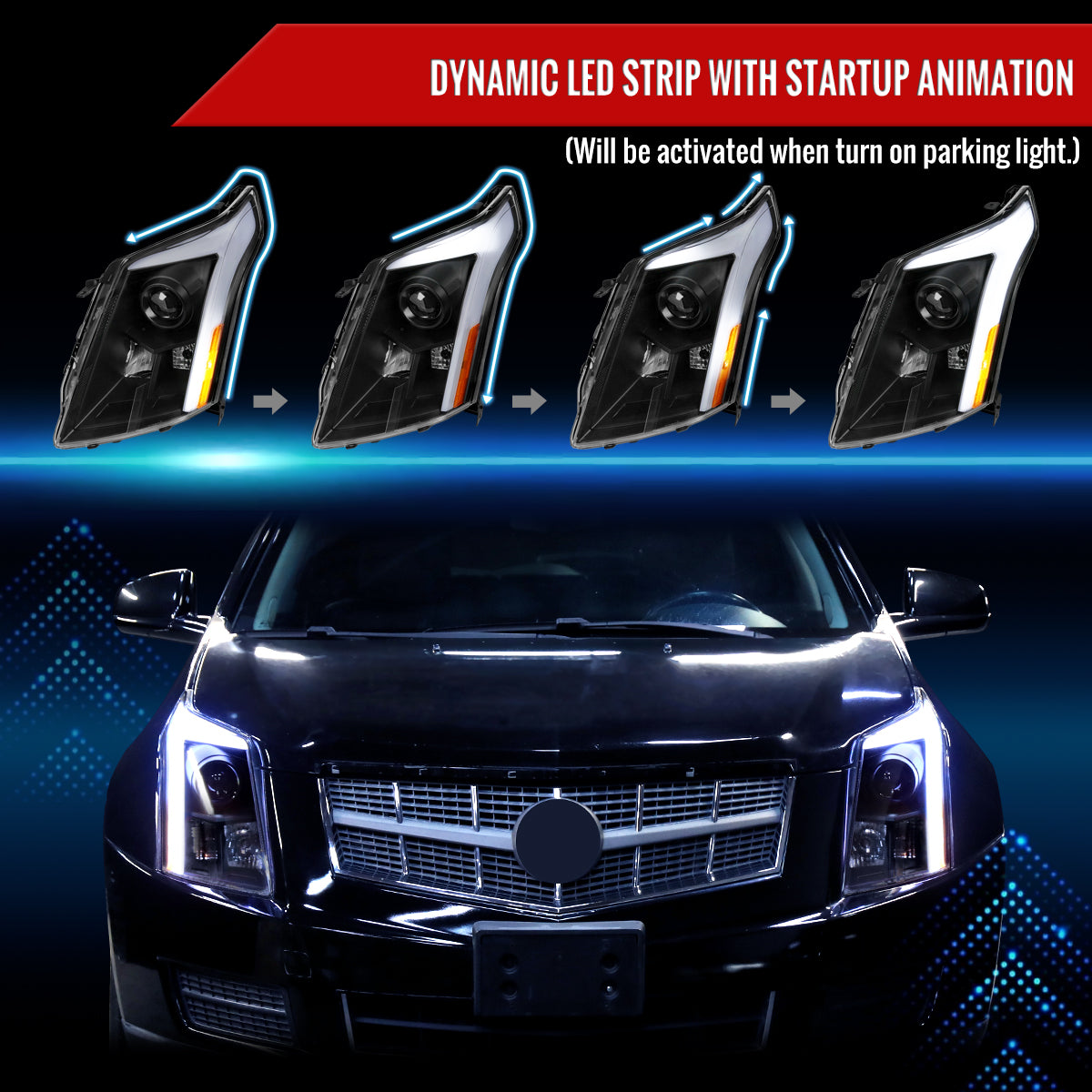 Spec-D 2010-2016 Cadillac SRX Projector w/ Switchback Sequential Turn Signal LED Bar Black Headlights