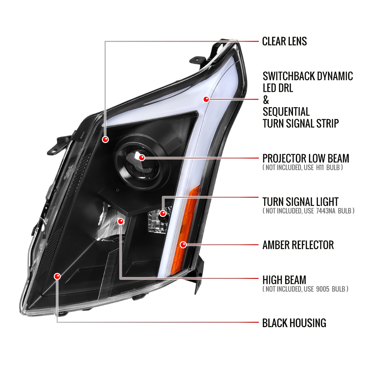 Spec-D 2010-2016 Cadillac SRX Projector w/ Switchback Sequential Turn Signal LED Bar Black Headlights