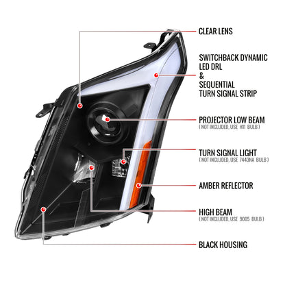 Spec-D 2010-2016 Cadillac SRX Projector w/ Switchback Sequential Turn Signal LED Bar Black Headlights