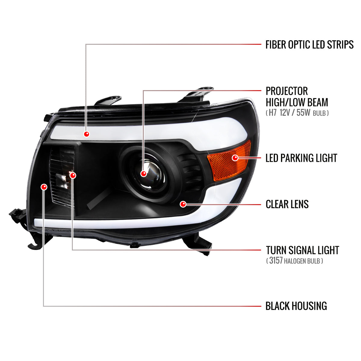 Spec-D 2005-2011 Toyota Tacoma LED Bar Projector Black Headlights