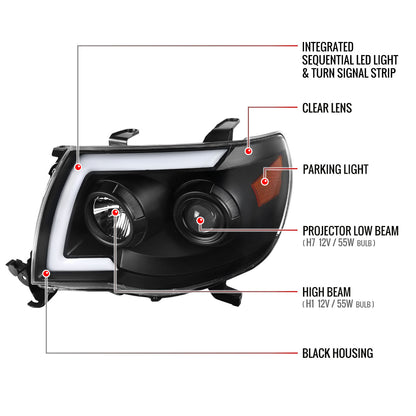 Spec-D 2005-2011 Toyota Tacoma LED Bar Projector w/ Sequential Turn Signal Lights Black Headlights