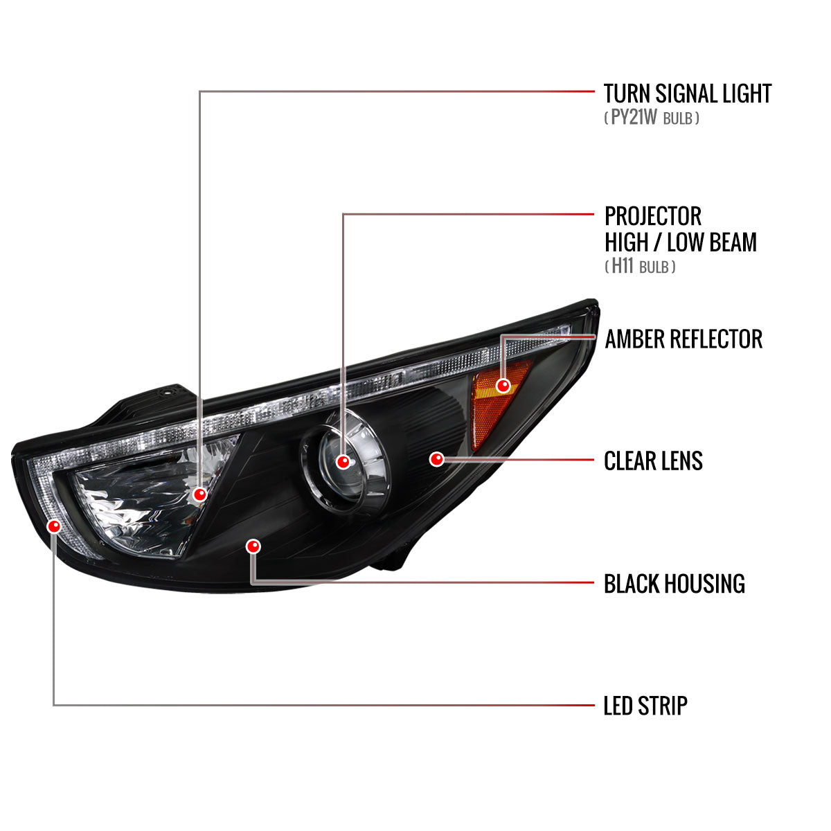Spec-D 2010-2013 Hyundai Tucson Projector LED Strip Black Headlights