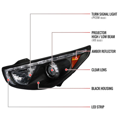 Spec-D 2010-2013 Hyundai Tucson Projector LED Strip Black Headlights
