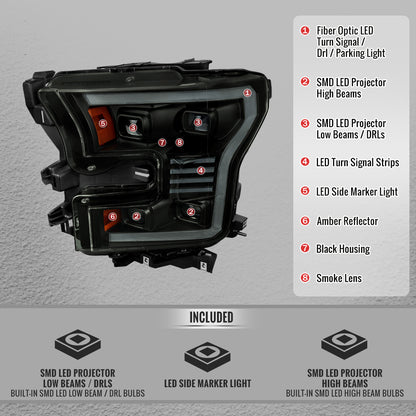 15-17 F-150 Spec-D Smoked Projector Headlight Pair LED DRL Bar