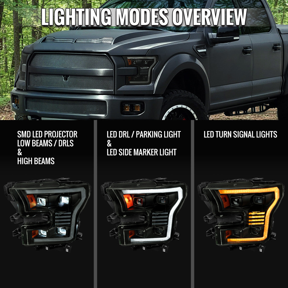 15-17 F-150 Smoked Lens LED Projector Headlights With Sequential Signal