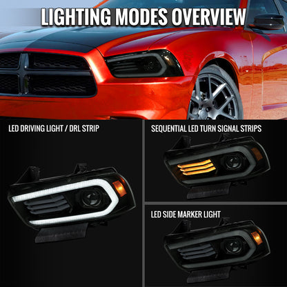 2011-2014 Dodge Charger HID smoked projector headlights with LED DRL strip