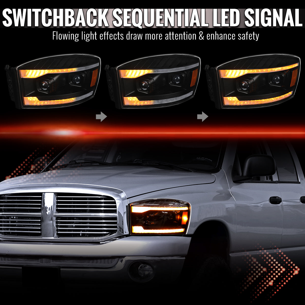 Spec-D 2006-2009 Ram Projector Headlights Sequential LED DRL Bar Pair
