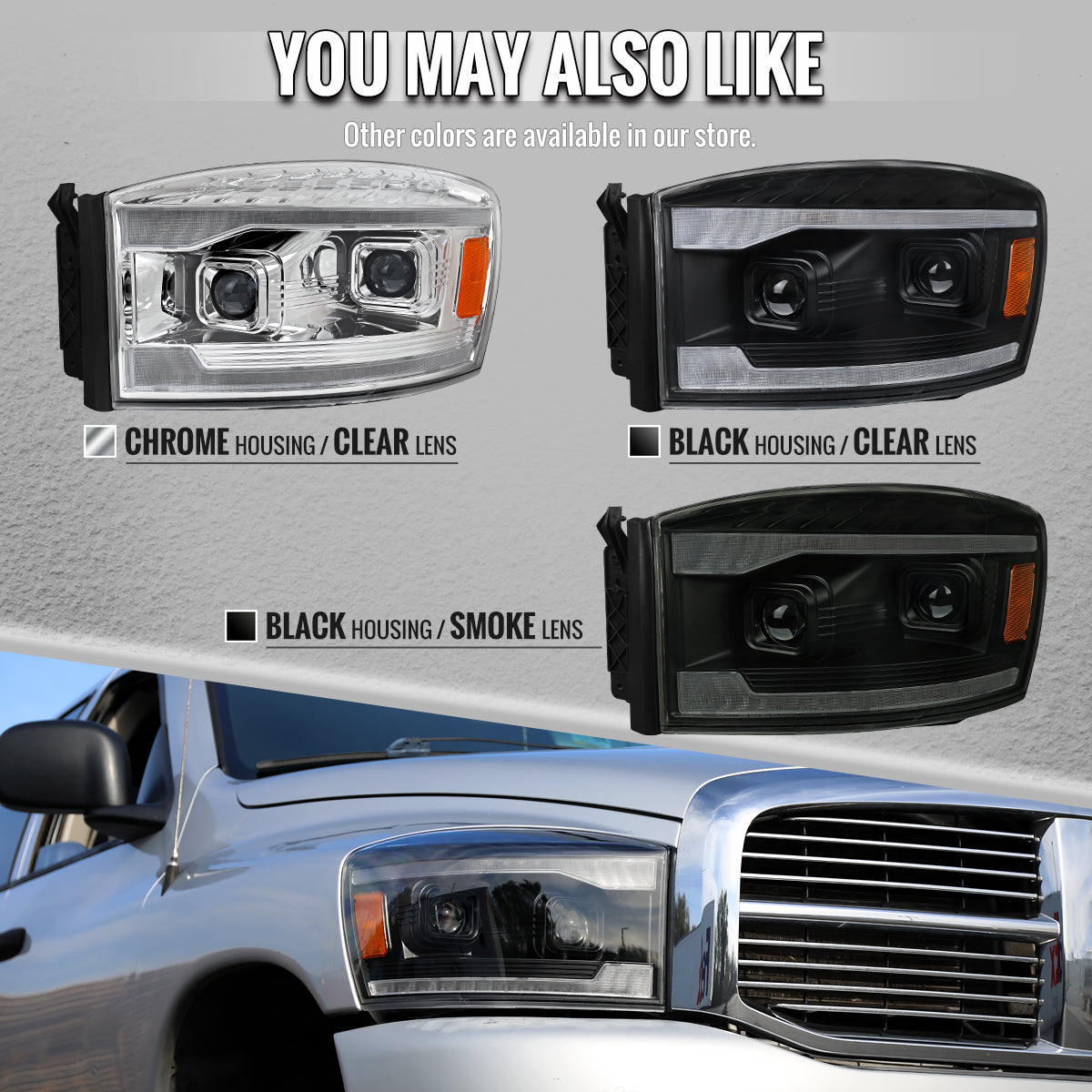 Replacement projector headlights for 2006-2009 Ram with sequential LED DRL bar