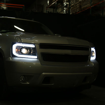 2007-14 Chevy Avalanche Tahoe Projector Headlights LED Bar Black
