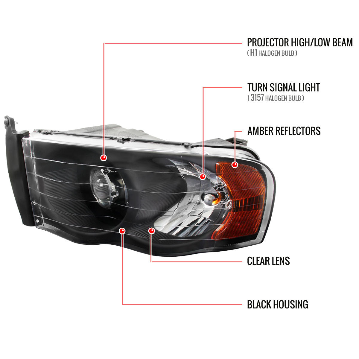 2002-2005 Dodge Ram 3500 Projector Spec-D Headlights Black