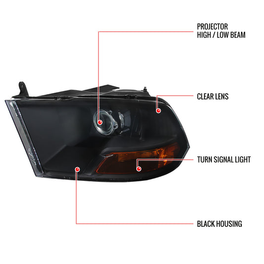 2009-2014 Dodge Ram 1500 Retro Projector Spec-D Headlights Black