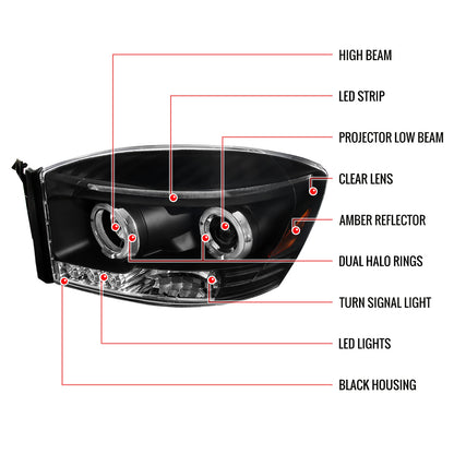 2LHP-RAM02-TM 2002-05 Dodge Ram Halo LED Projector Headlights Chrome
