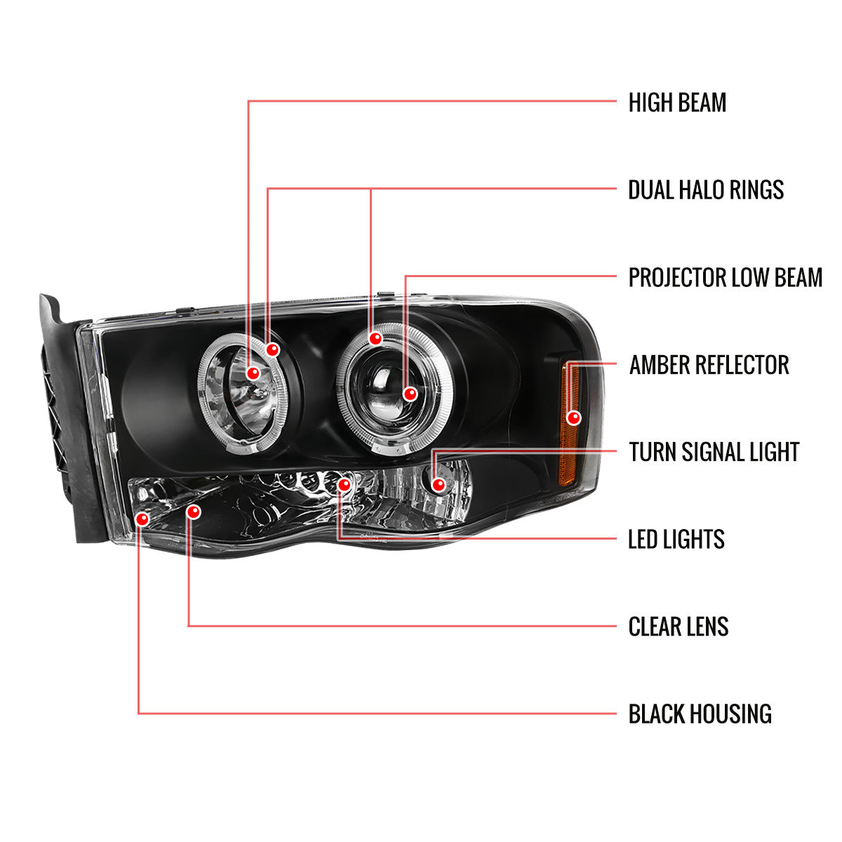 Spe-D 2002-2005 Dodge Ram Halo LED Projector Spec-D Headlights Black
