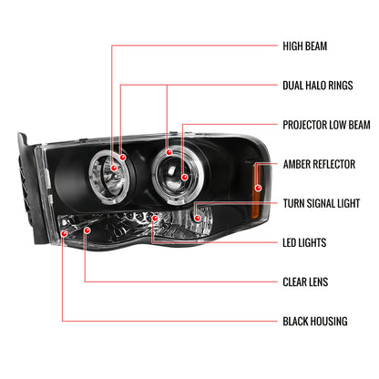 Spe-D 2002-2005 Dodge Ram Halo LED Projector Spec-D Headlights Black