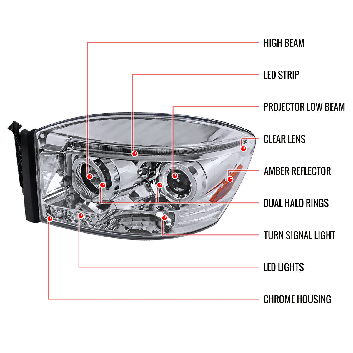 Spe-D 2006-2008 Dodge Ram Halo LED Projector Spec-D Headlights Chrome
