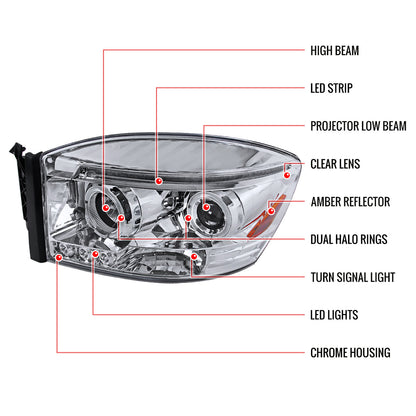 Spe-D 2006-2008 Dodge Ram Halo LED Projector Spec-D Headlights Chrome