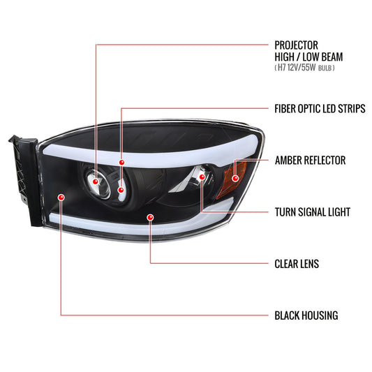 2006-2008 Dodge Ram LED Bar Projector Spec-D Headlights Black