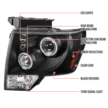 2009-14 Ford F150 Dual Halo LED Projector Headlights