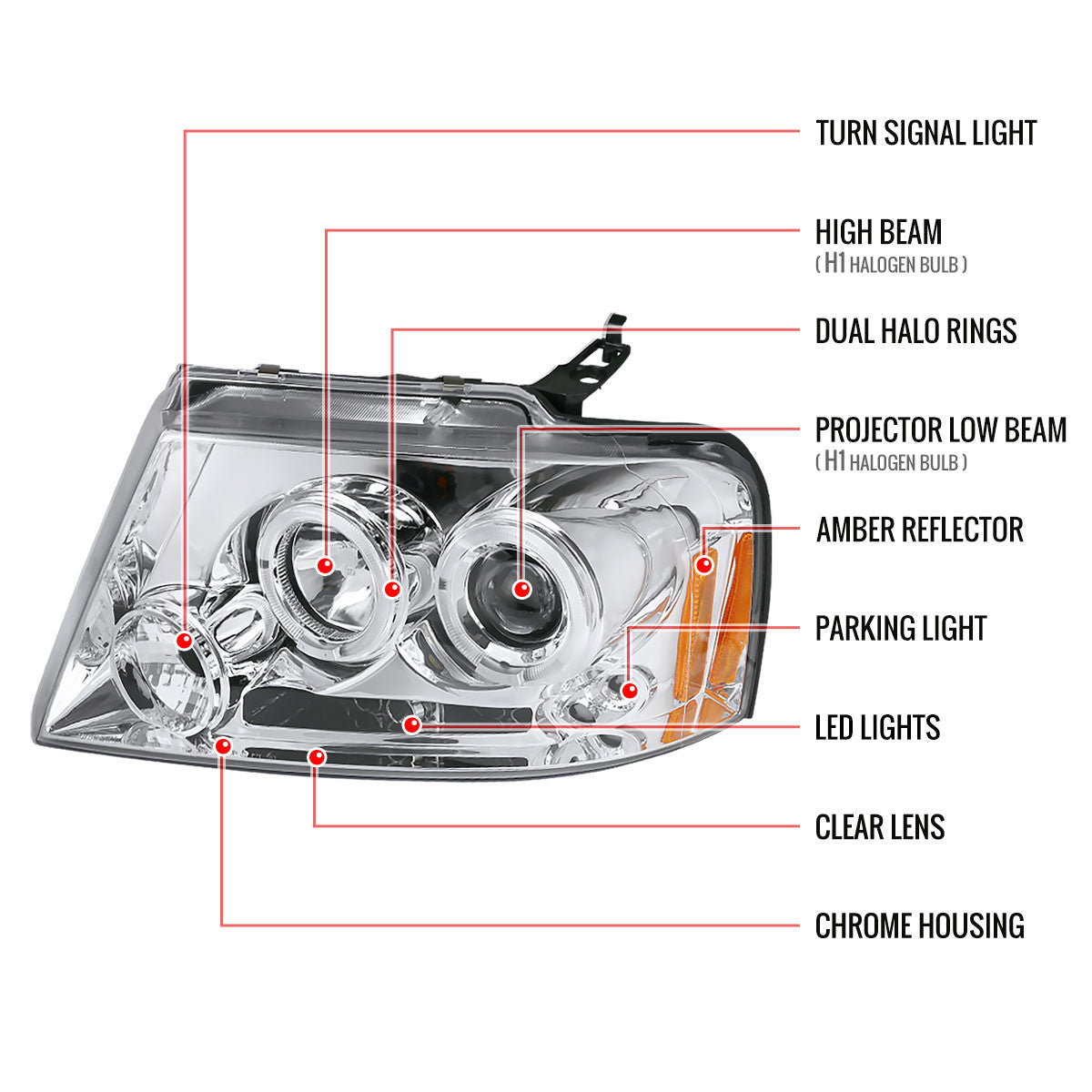 2004-08 Ford F150 Halo LED Projector Headlights Chrome